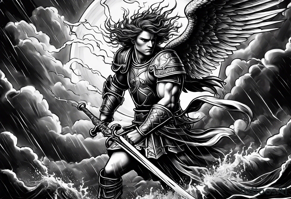 Saint Michael spearing the devil with stormy rain clouds lightning tattoo idea Saint Michael spearing the devil with stormy rain clouds lightning tattoo idea