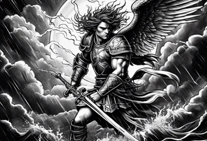 Saint Michael spearing the devil with stormy rain clouds lightning tattoo idea