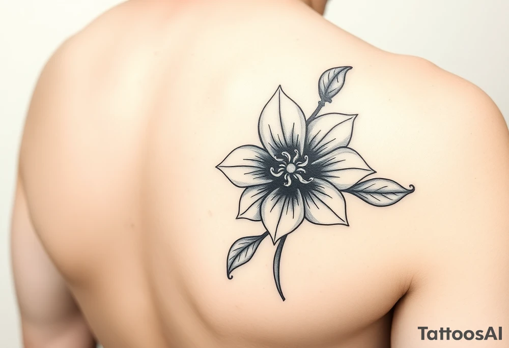 Hong kong flower, no stars inside the flower, the center of the flower is on the right elbow and wraps around the right 
arm. tattoo idea