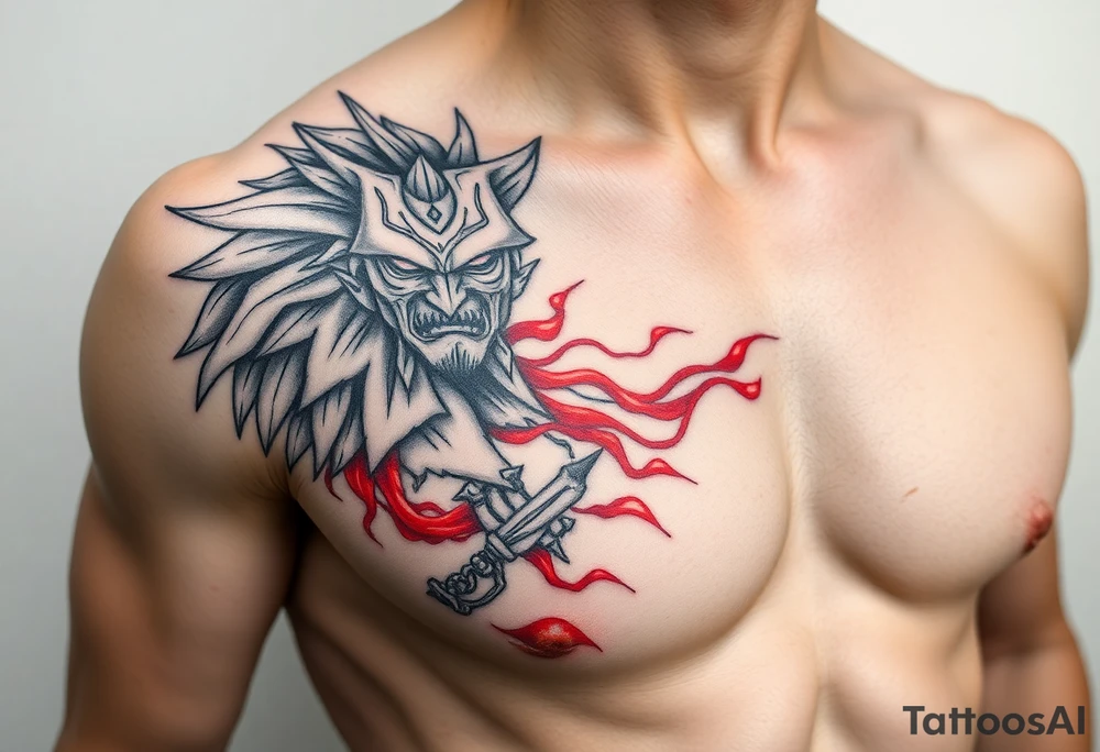 Warrior black and red on left chest male tattoo idea