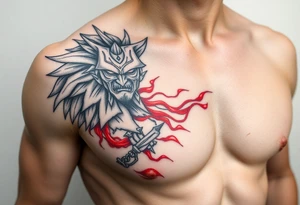 Warrior black and red on left chest male tattoo idea