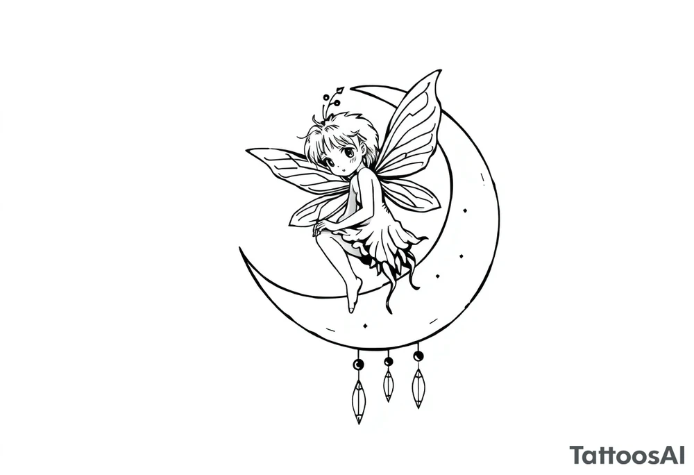 Fairy sitting on moon with dangles tattoo idea