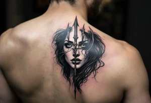 gentle woman face with black hair behind trident tattoo idea