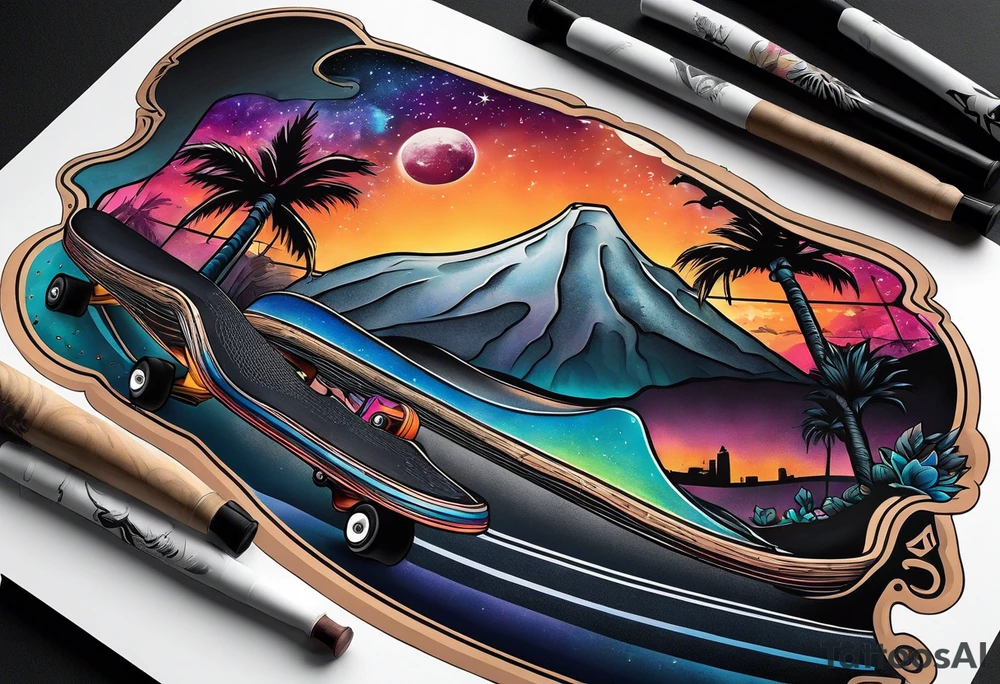 liminal skate park in night time scene tattoo idea