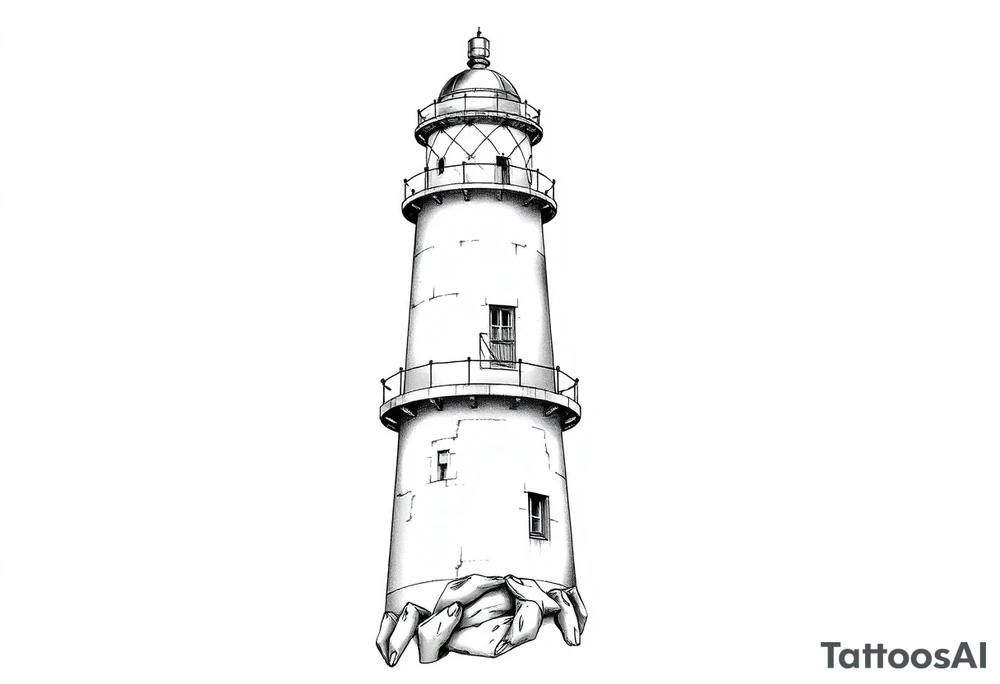 a whole lighthouse with a coat of arms incorporated into the roof tattoo idea