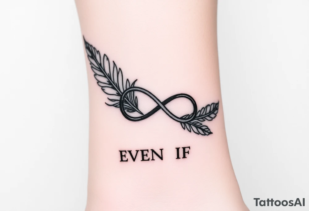 whimsical feathers and infinity symbol with words "EVEN IF" tattoo idea