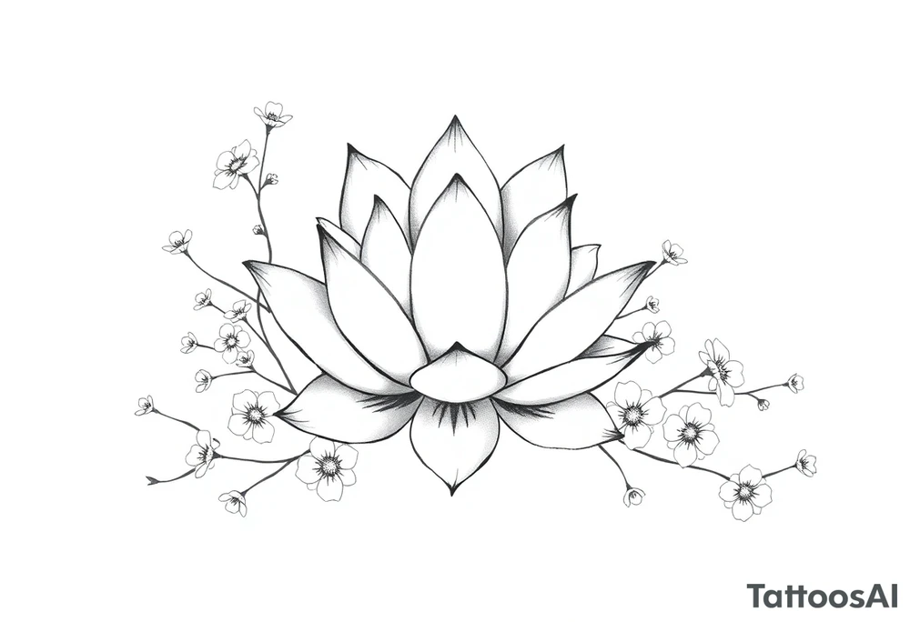 Lotus flower surrounded by forget me nots and peonies tattoo idea