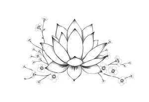 Lotus flower surrounded by forget me nots and peonies tattoo idea