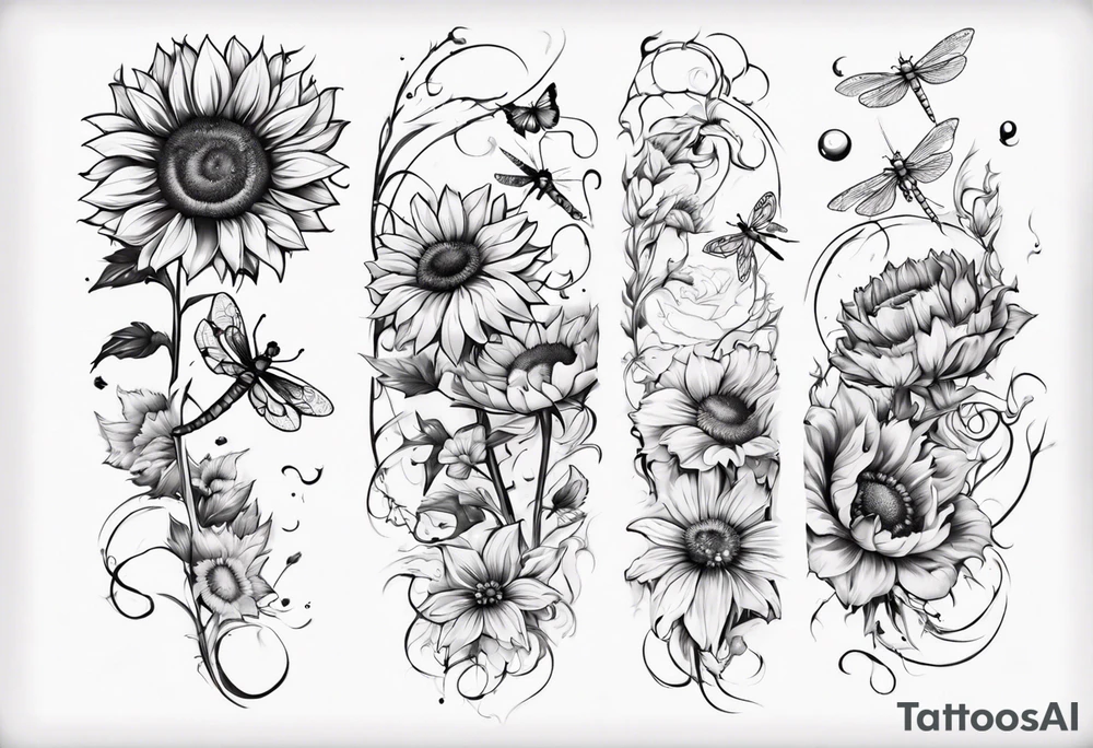 Arm sleeve, sunflowers, dragonflies, three cosmos flower, one violet, one carnation, vines , leaves and butterflies tattoo idea