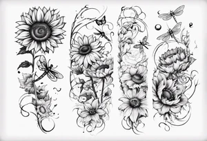 Arm sleeve, sunflowers, dragonflies, three cosmos flower, one violet, one carnation, vines , leaves and butterflies tattoo idea