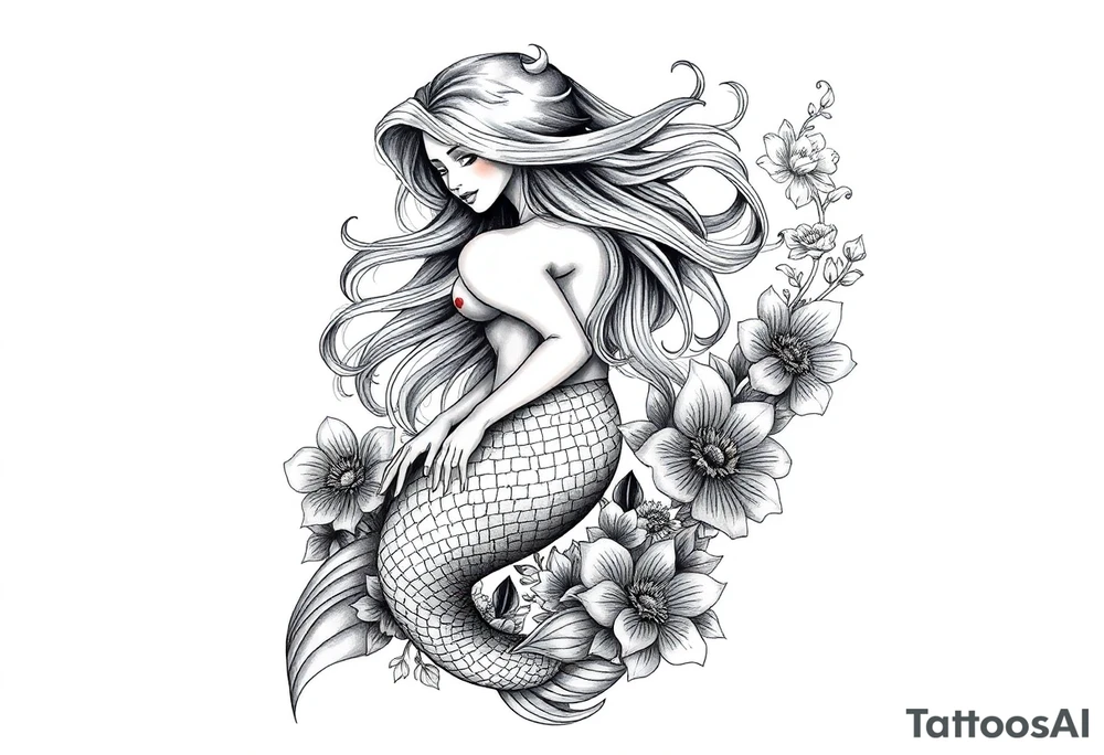 ethereal mermaid with flowing hair among coral and sea flowers tattoo idea