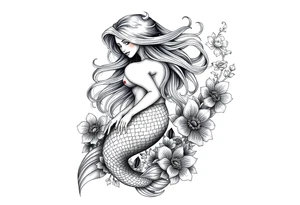 ethereal mermaid with flowing hair among coral and sea flowers tattoo idea