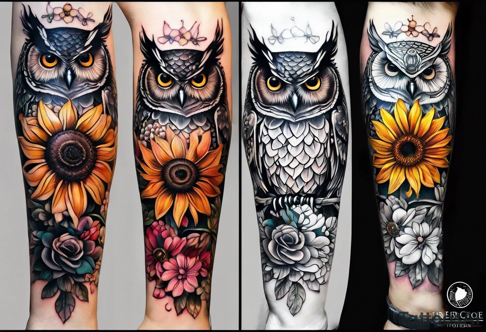 A lower forearm sleeve full colour mandala flowers, and owl, bees, pinecone, lady bugs. Moon sunflower honey suckle tattoo idea