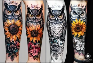 A lower forearm sleeve full colour mandala flowers, and owl, bees, pinecone, lady bugs. Moon sunflower honey suckle tattoo idea
