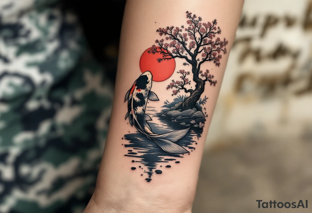 vertical piece
a koi fish swimming UP the stream in a pond moonlight by a red moon with a sakura tree by the pond tattoo idea