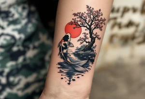 vertical piece
a koi fish swimming UP the stream in a pond moonlight by a red moon with a sakura tree by the pond tattoo idea