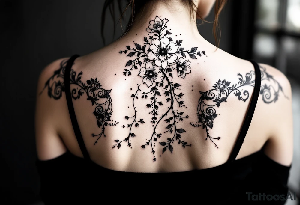 1.	Cherry Blossom Flow (Central Spine): A cascading cherry blossom flowing vertically along the spine to cover the central portion of the existing tattoo. Symmetrical patterns inspired by ornamental designs, with intricate curves and dotwork extending outward from the base of the spine. These elements should balance the floral motif and enhance the lower back area with a decorative, feminine flair.
	3.	Dotwork and Contouring: Delicate linework and dot patterns should be added around the floral design to give texture and seamlessly blend the tattoo with the surrounding skin. The ornamentation should curve naturally along the shape of the body, creating a cohesive, elegant look. tattoo idea