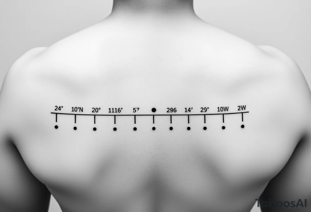 "24°10′N, 20°16′E". Below the second dot, write: "53.4084°N, 2.9916°W". Above each coordinate, place a small circle or marker dot to signify key points. Beneath the entire timeline, add a single row of visual Morse code symbols using only dots (●) and dashes (—), arranged like this: — ● — ●   ● —   ● — ●   — — —   ● — ● ●   ● ●   — ● ●   ● — tattoo idea