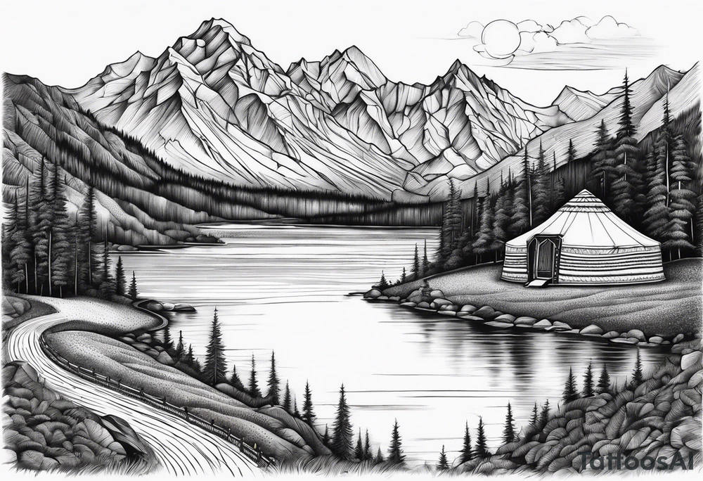 mountains, lake, yurt, sun, road tattoo idea
