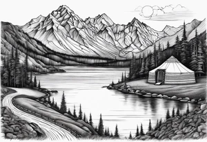 mountains, lake, yurt, sun, road tattoo idea