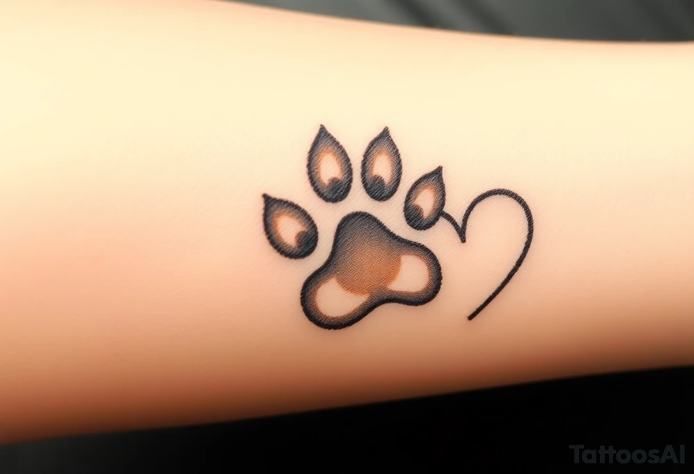 A detailed cat paw print with soft fur textures, using natural tones of cream, gray, and light brown for a delicate and cozy feel and heart tattoo idea