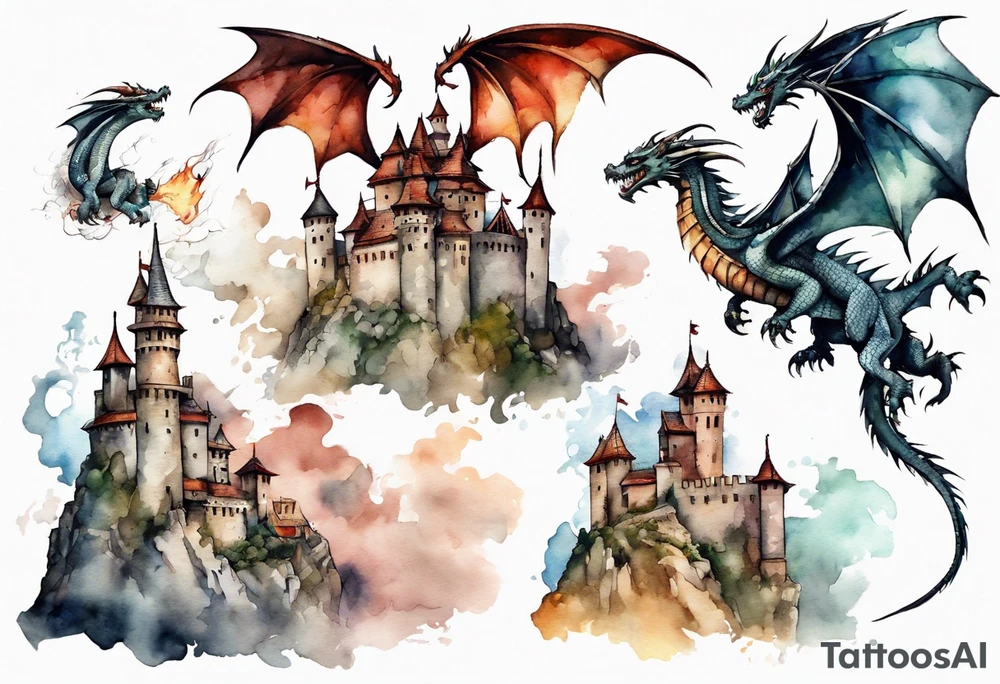 3 dragons flying around the highest part of the castle, defending it from a village with angry people tattoo idea