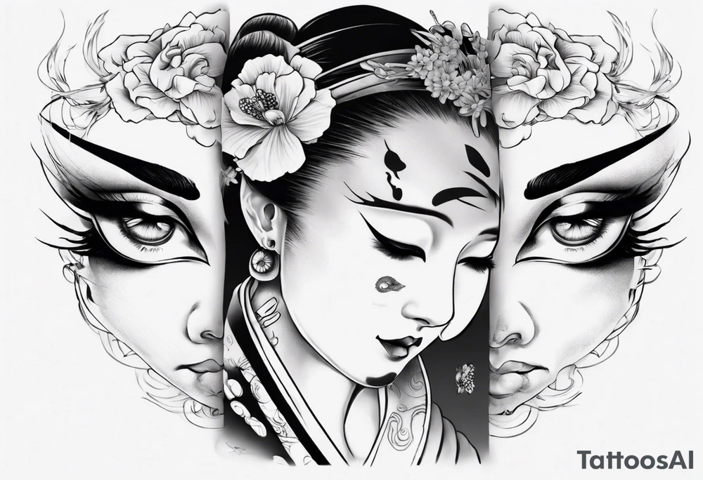 geisha face with two eyes closed and third realistic eye wide open tattoo idea