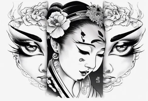 geisha face with two eyes closed and third realistic eye wide open tattoo idea