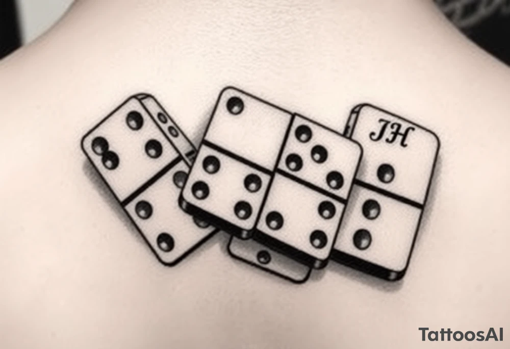 Tattoo design of three domino tiles falling like in a real domino chain reaction, captured in motion. Retro realistic black and grey shading, not fine-line. The tiles show: one with 8 (4+4), one with 7 (4+3), one with 6 (six dots on the bottom half). On the top half of the domino with 6, add the initials ‘JH’ in elegant retro lettering. Dynamic perspective, sense of motion, vintage realistic tattoo style. tattoo idea