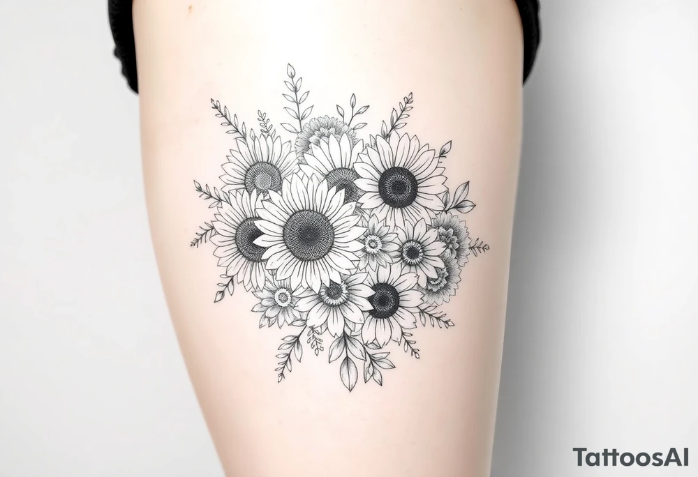 Bouquet of sunflowers, water Lillies, dahlias, marigolds, carnations, hydrangeas, daisys, and chrysanthemums tattoo idea