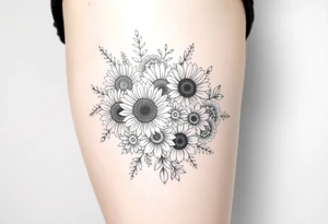 Bouquet of sunflowers, water Lillies, dahlias, marigolds, carnations, hydrangeas, daisys, and chrysanthemums tattoo idea