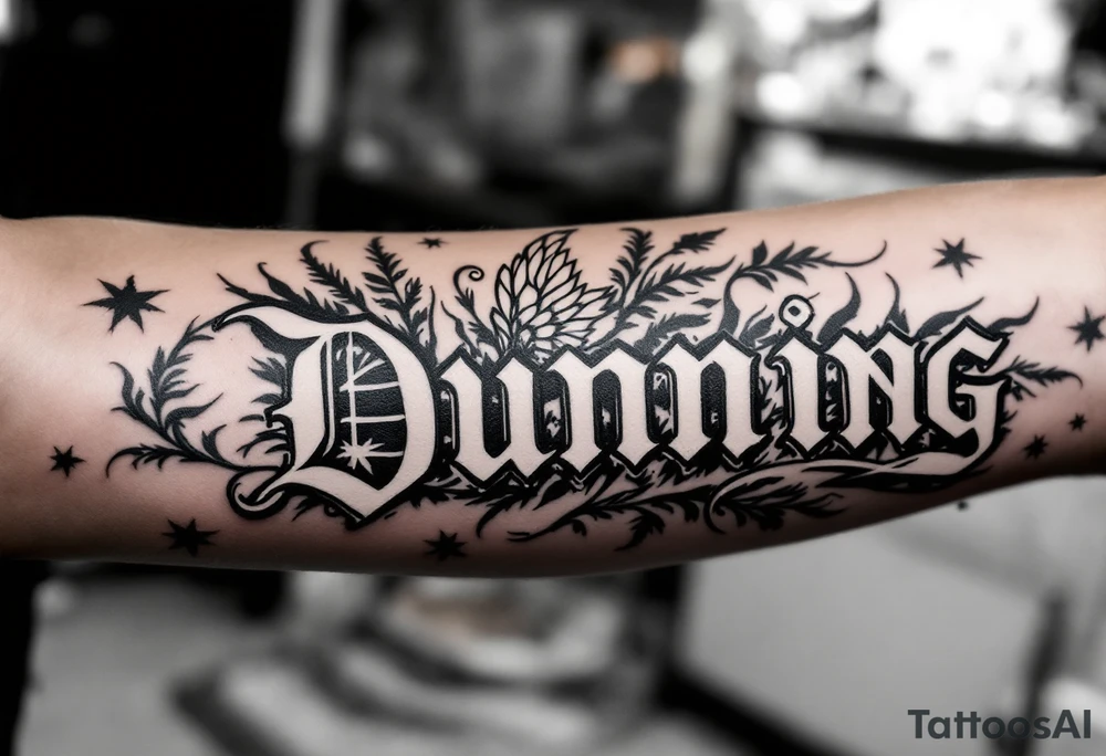 Dunning, left forearm details include angel wing on right side, greek type of font,jungle leaves, name is big and in white color tattoo idea