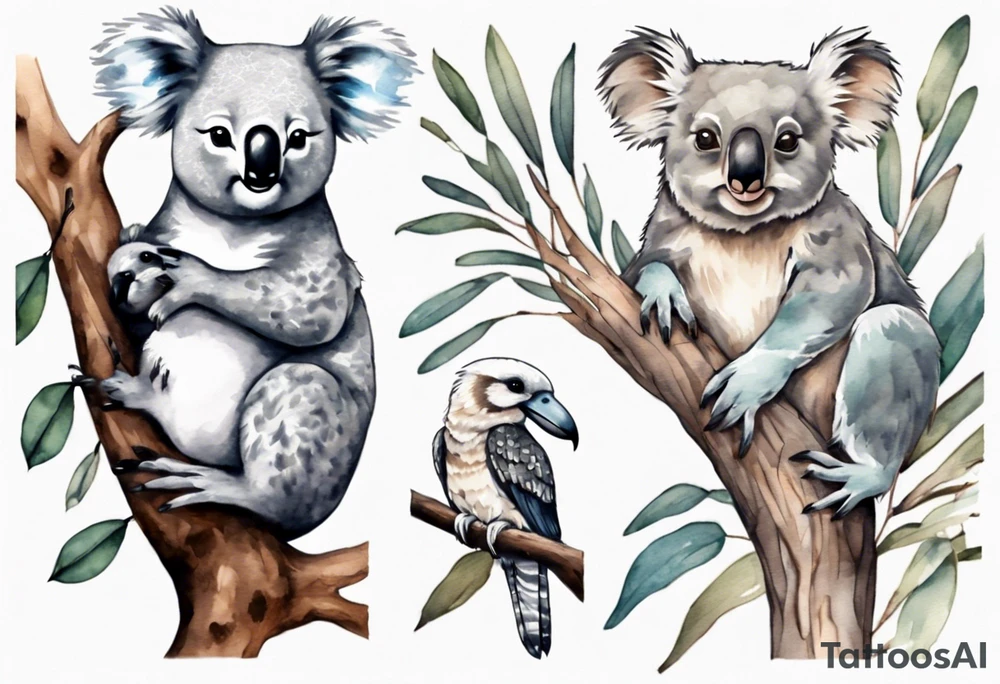 A koala with a kookaburra sitting on a eucalyptus tree tattoo idea A koala with a kookaburra sitting on a eucalyptus tree tattoo idea