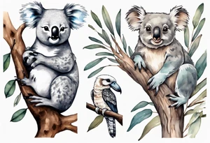 A koala with a kookaburra sitting on a eucalyptus tree tattoo idea