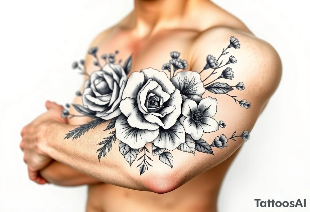 vintage bouquet of wild roses and meadow flowers with morning dew tattoo idea