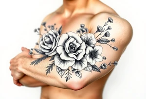 vintage bouquet of wild roses and meadow flowers with morning dew tattoo idea