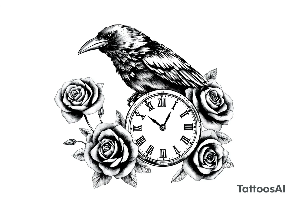 raven,roses,clock. tattoo idea