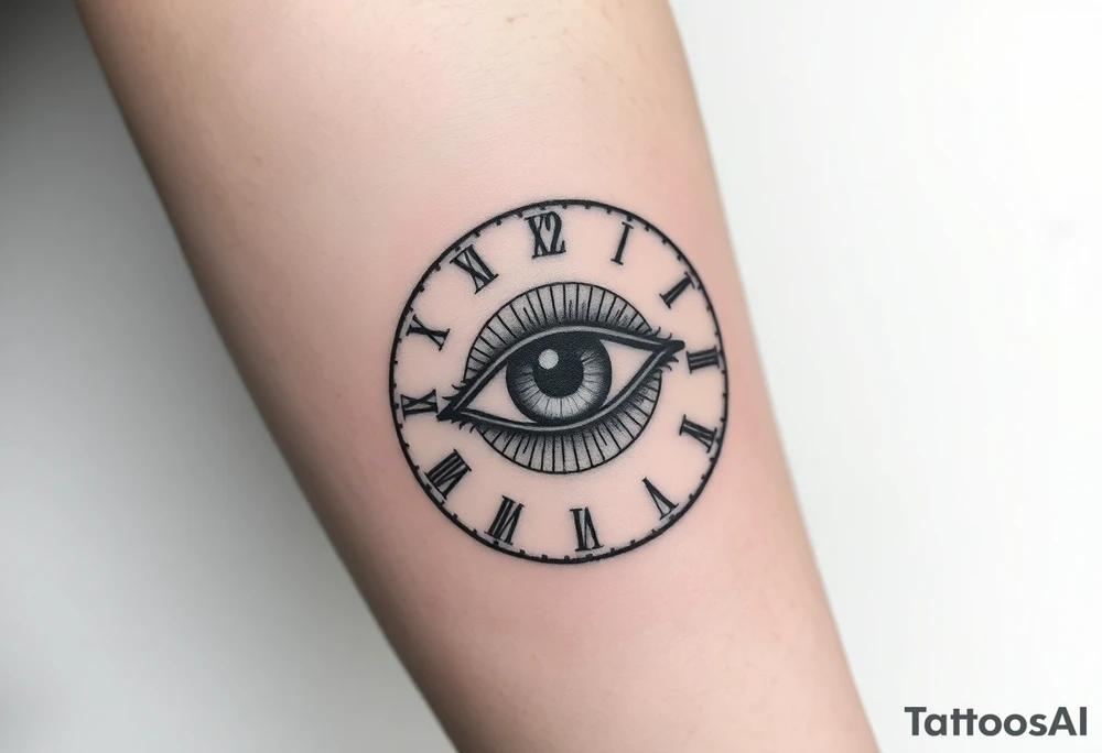 A surreal clock with an eye in place of the dial, eyelids opening like doors, intricate detail, realistic shading, black and gray. tattoo idea