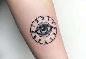 A surreal clock with an eye in place of the dial, eyelids opening like doors, intricate detail, realistic shading, black and gray. tattoo idea