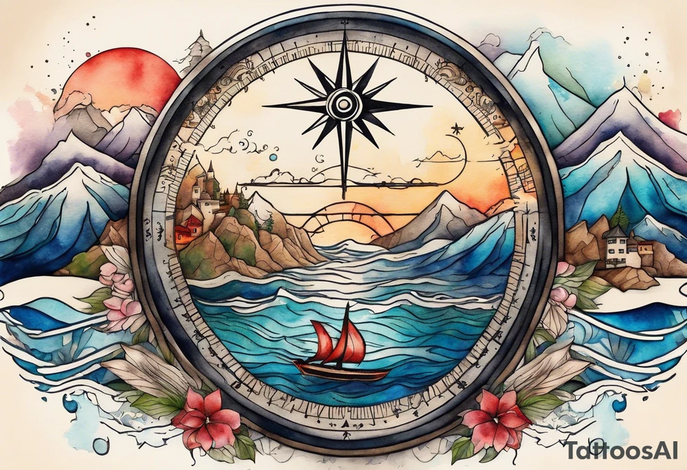 compass rose with beach, mountains, city scapes and European landmarks in and around it, spilled watercolor and tiny jet plane silhouette and a tiny ski boat in the water tattoo idea