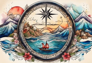 compass rose with beach, mountains, city scapes and European landmarks in and around it, spilled watercolor and tiny jet plane silhouette and a tiny ski boat in the water tattoo idea