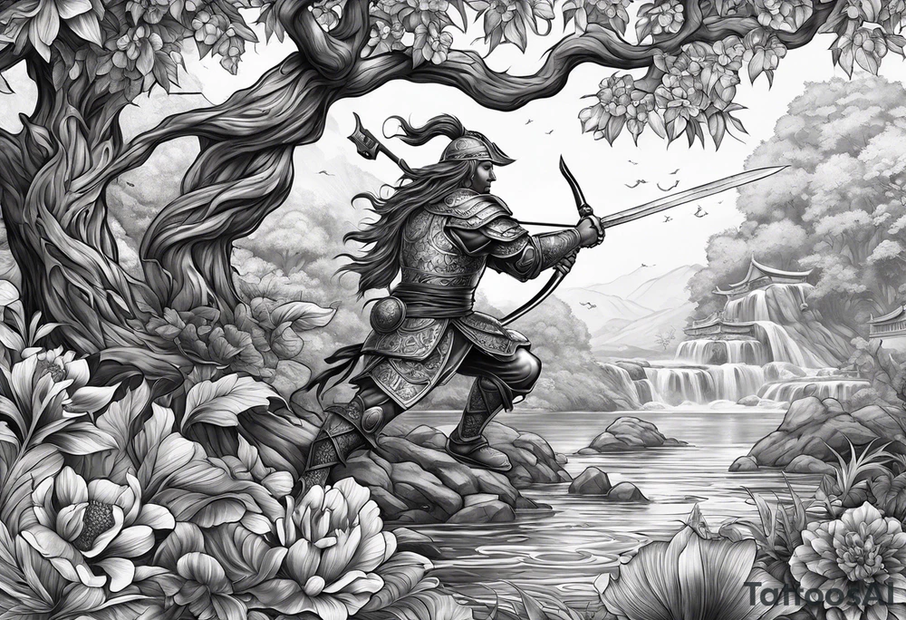 A mural with an water theme, a tree growing up out of the garden and a warrior defending tattoo idea