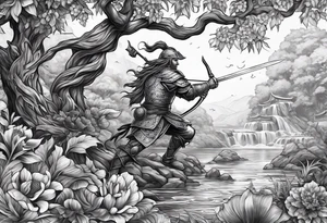 A mural with an water theme, a tree growing up out of the garden and a warrior defending tattoo idea