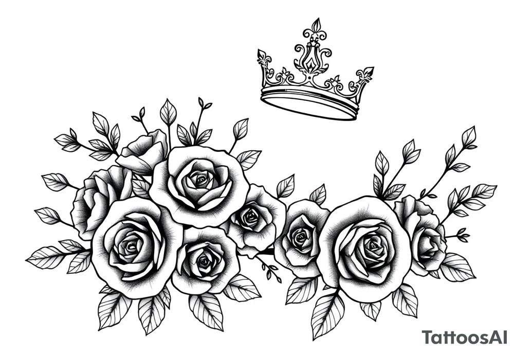detailed beautiful gothic boho flowers and roses on vine with gorgeous crown ornamental tattoo idea