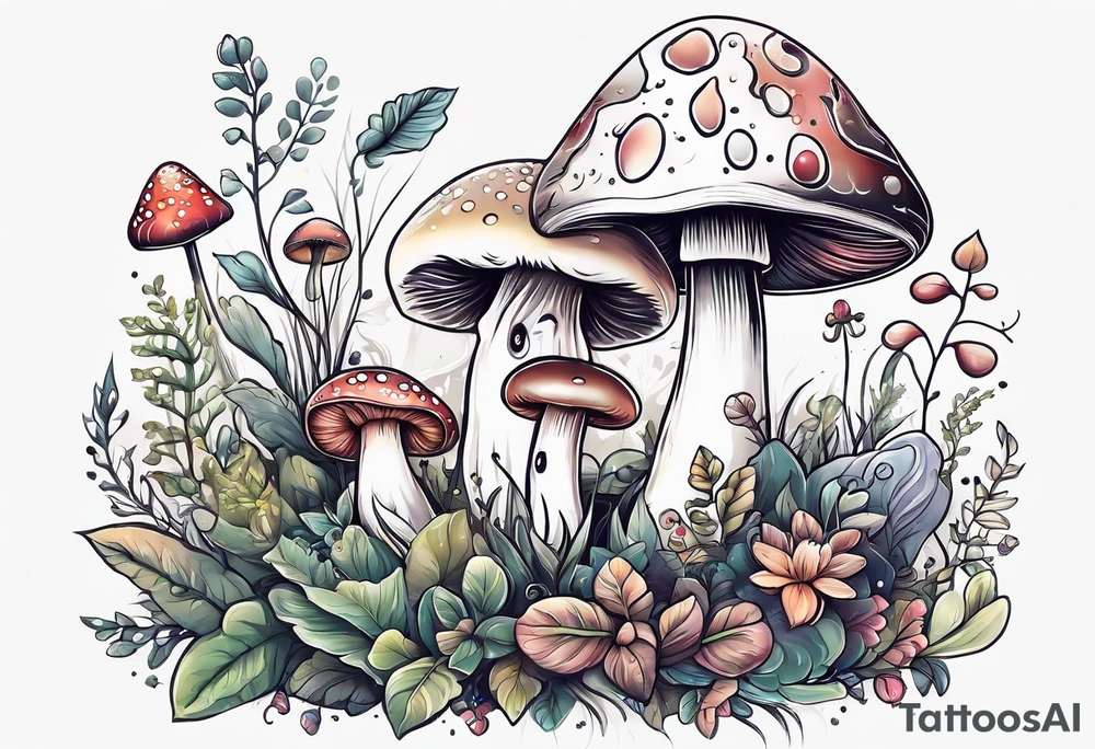 Happy anthropomorphic mushroom surrounded by smaller plants tattoo idea