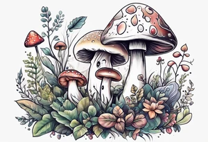 Happy anthropomorphic mushroom surrounded by smaller plants tattoo idea