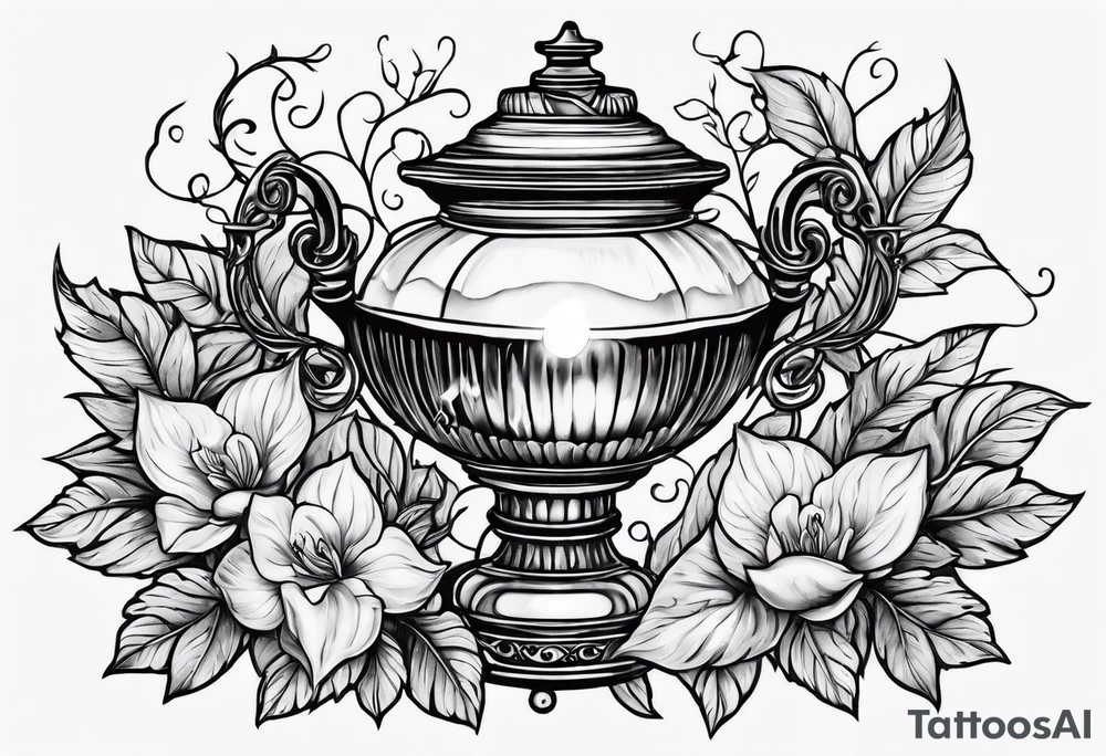 Oil lamp surrounded by leafy vines tattoo idea
