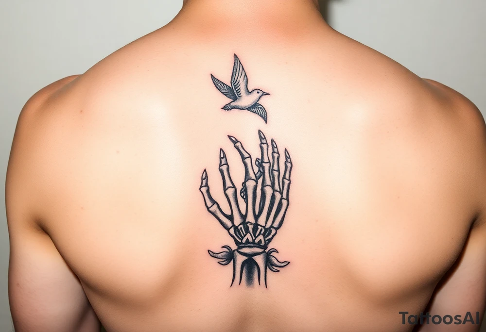 Skeleton hand reaching out of the ocean for a flying swallow in the Sailor Jerry style tattoo idea