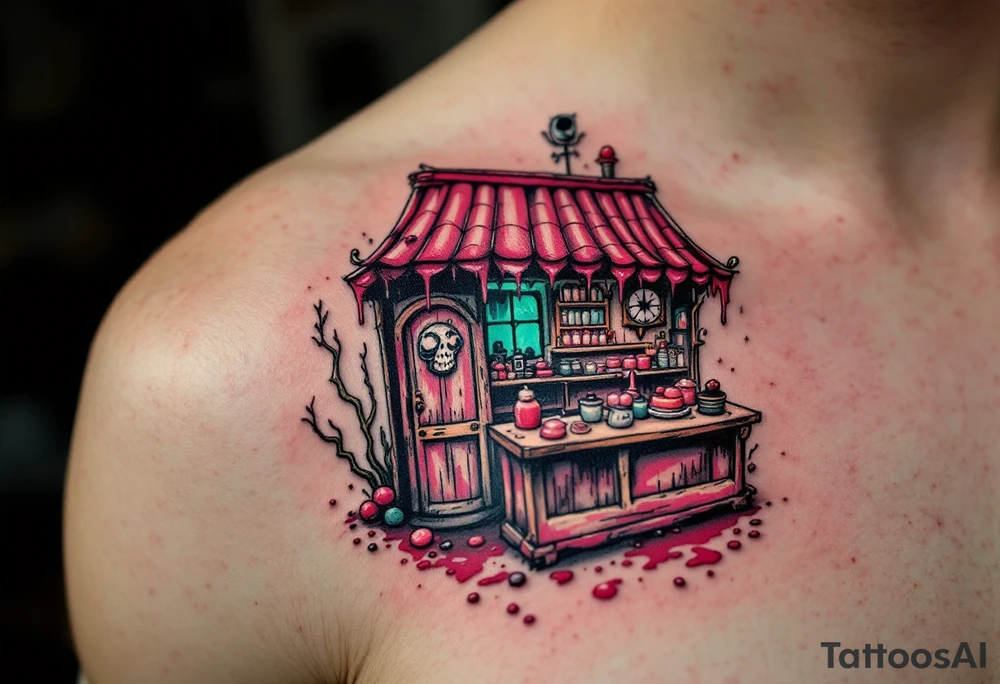 Tim Burton’s candy shop is abandoned and dripping with muted reds, dusty pinks, and eerie green glow. tattoo idea