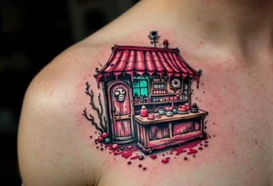 Tim Burton’s candy shop is abandoned and dripping with muted reds, dusty pinks, and eerie green glow. tattoo idea
